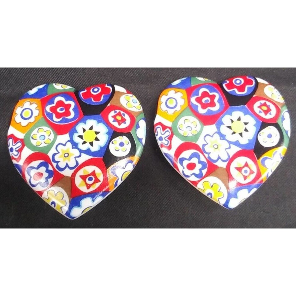 Vintage Retro Heart Shape Painted Flower Clay Clip On Button Earrings 80's 90's